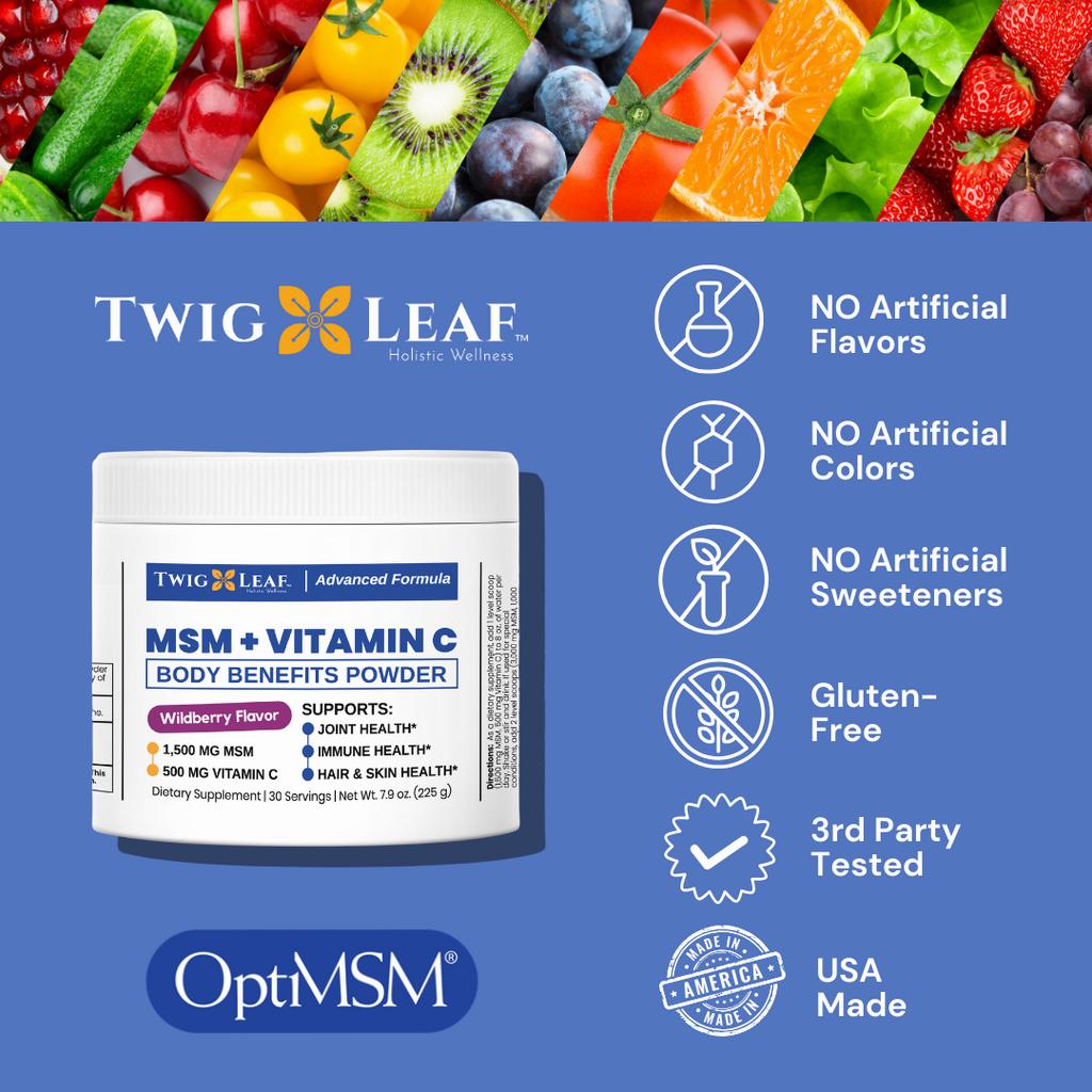A blue and green supplement label for a product called MSM + Vitamin C with a picture of a jar and a list of the products benefits.