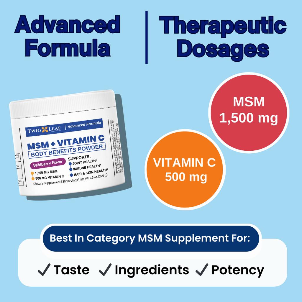 A bottle of MSM and Vitamin C powder by TwigLeaf, labeled as the best in category MSM supplement for taste, ingredients, and potency.