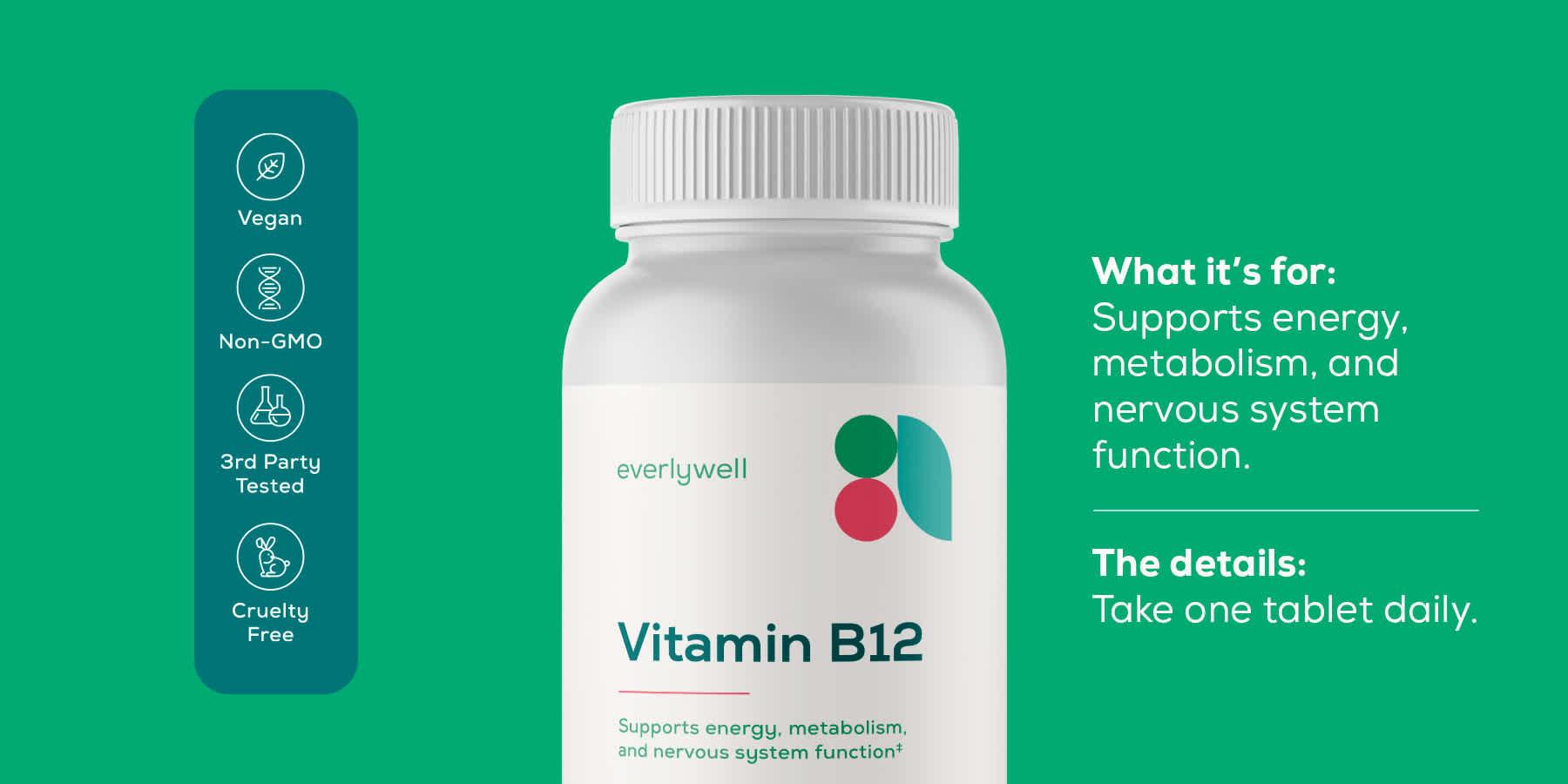 A bottle of Everlywell Vitamin B12, a vegan, non-GMO, and cruelty-free dietary supplement that supports energy, metabolism, and nervous system function.