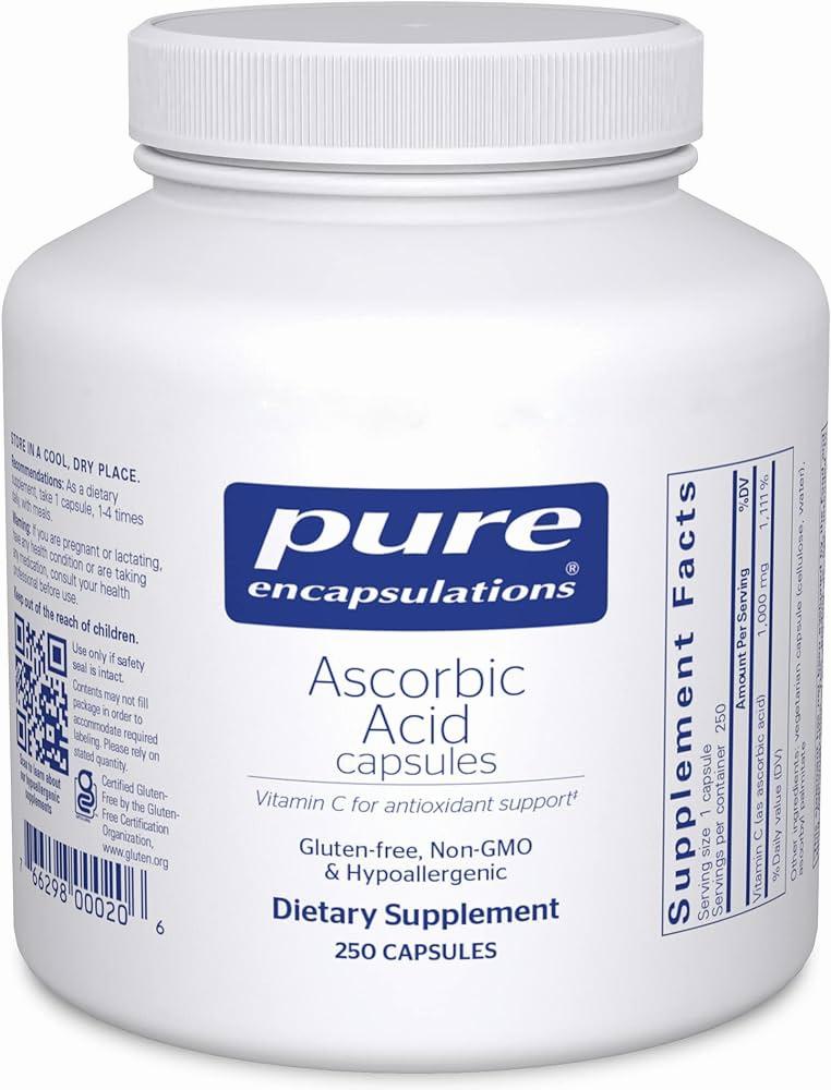 A bottle of Pure Encapsulations Ascorbic Acid capsules, a dietary supplement that provides 1,000 mg of vitamin C per serving.