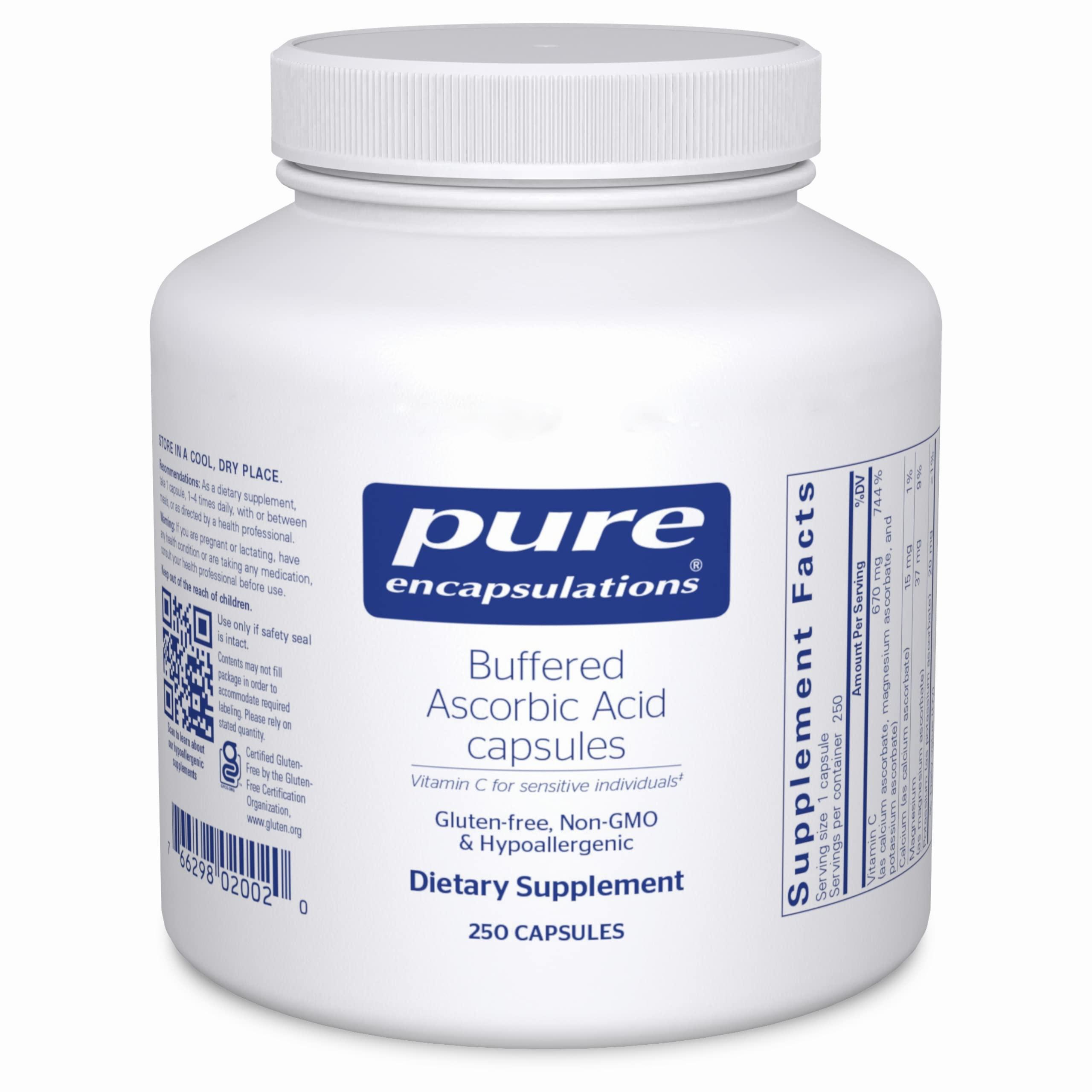 A bottle of Pure Encapsulations Buffered Ascorbic Acid, a dietary supplement containing 250 capsules of vitamin C for sensitive individuals, which is gluten-free, non-GMO, and hypoallergenic.