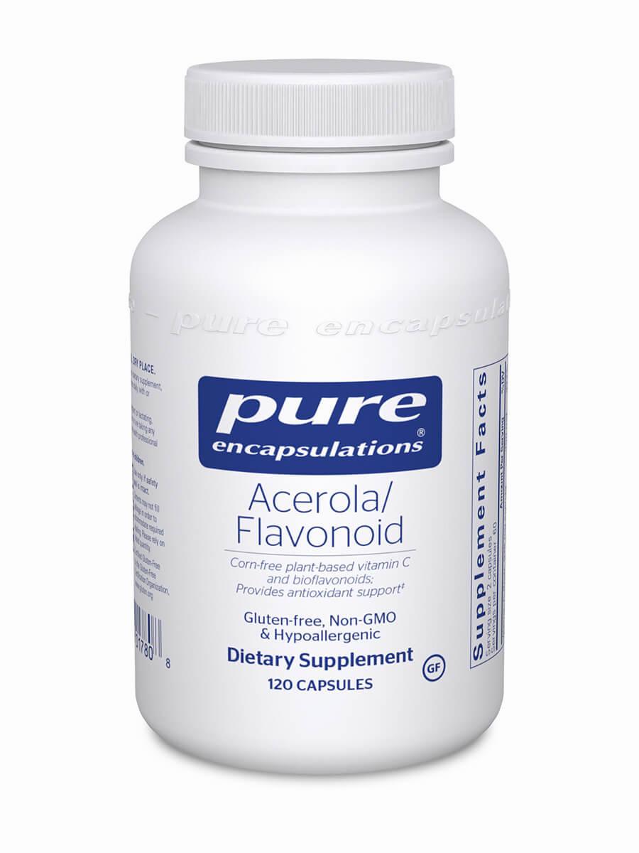 A white bottle of Pure Encapsulations Acerola/Flavonoid capsules, a corn-free plant-based vitamin C and bioflavonoid supplement that provides antioxidant support.