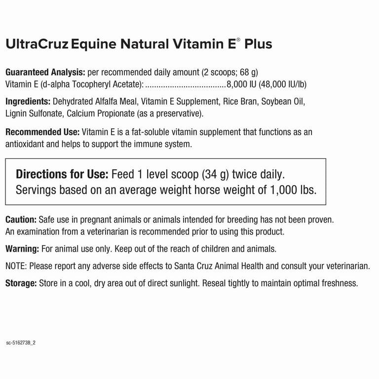 A white tub of UltraCruz Equine Natural Vitamin E Plus, a fat-soluble vitamin supplement for horses.