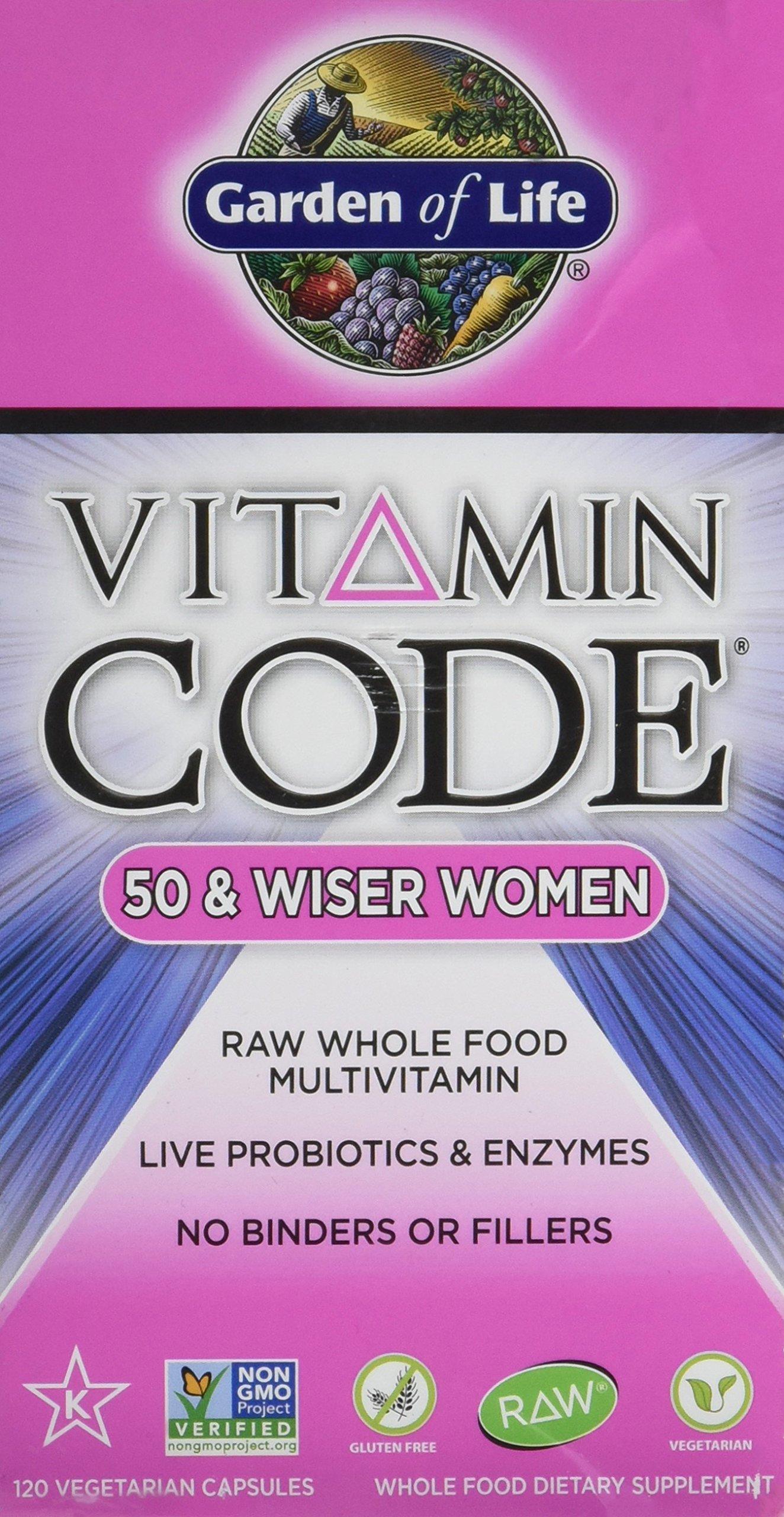 A pink bottle of Garden of Life Vitamin Code 50 & Wiser Women multivitamins.