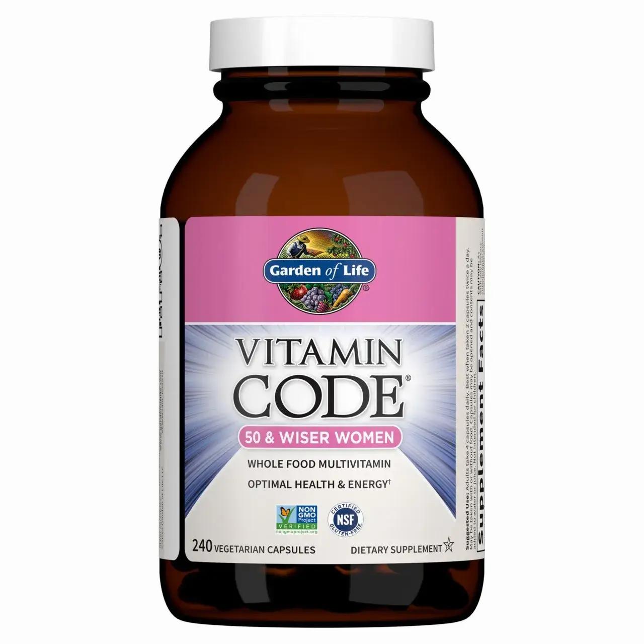 A brown bottle of Vitamin Code 50 & Wiser Women multivitamins from Garden of Life.
