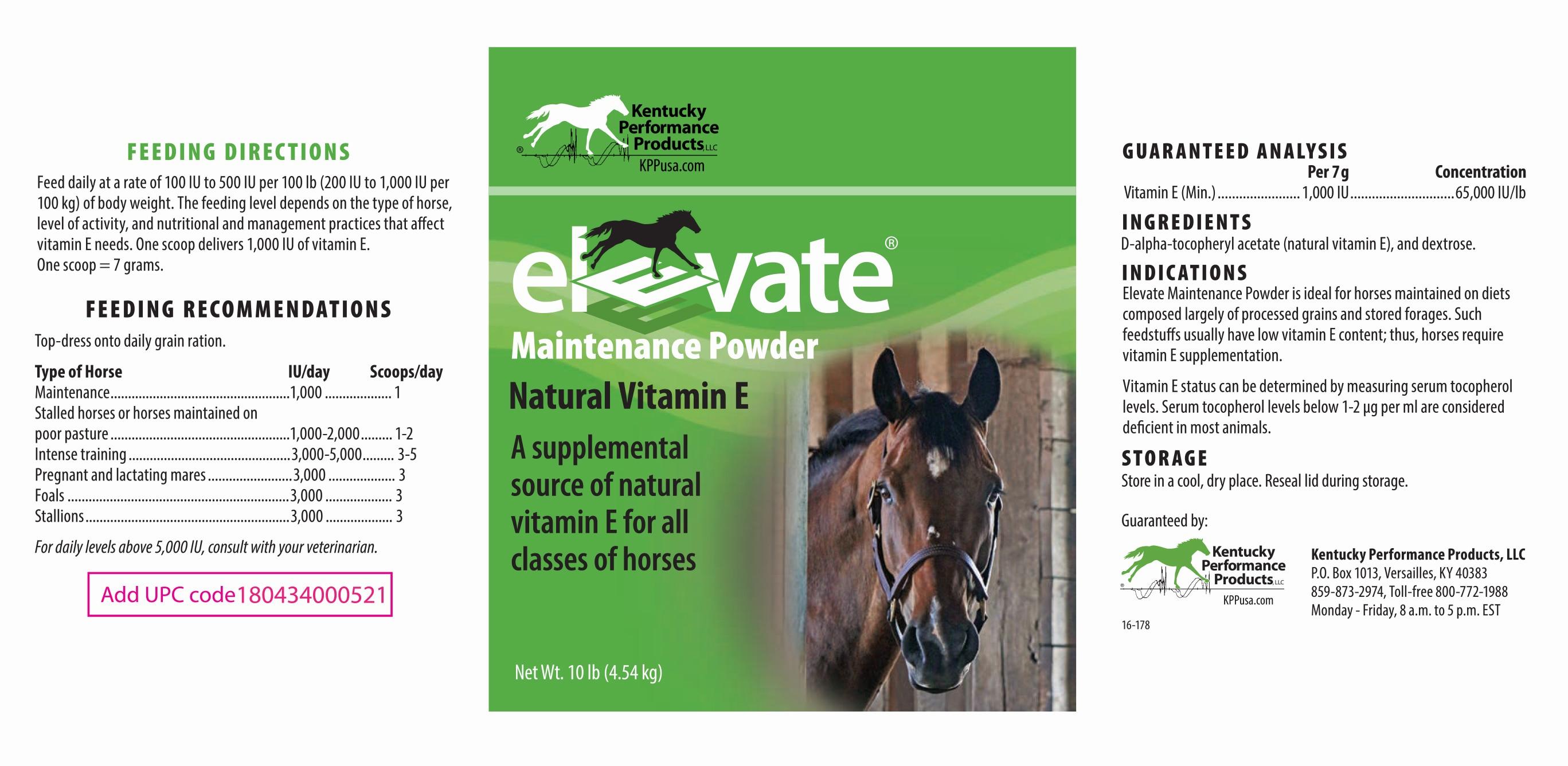 A white tub of Elevate Maintenance Powder, a vitamin E supplement for horses.