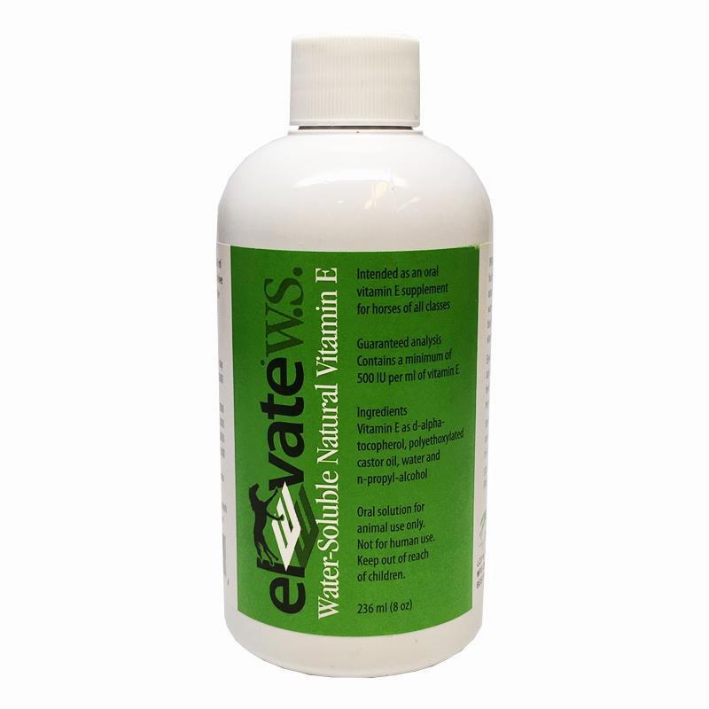 A white bottle of Elevate WS, a water-soluble natural vitamin E supplement for horses.