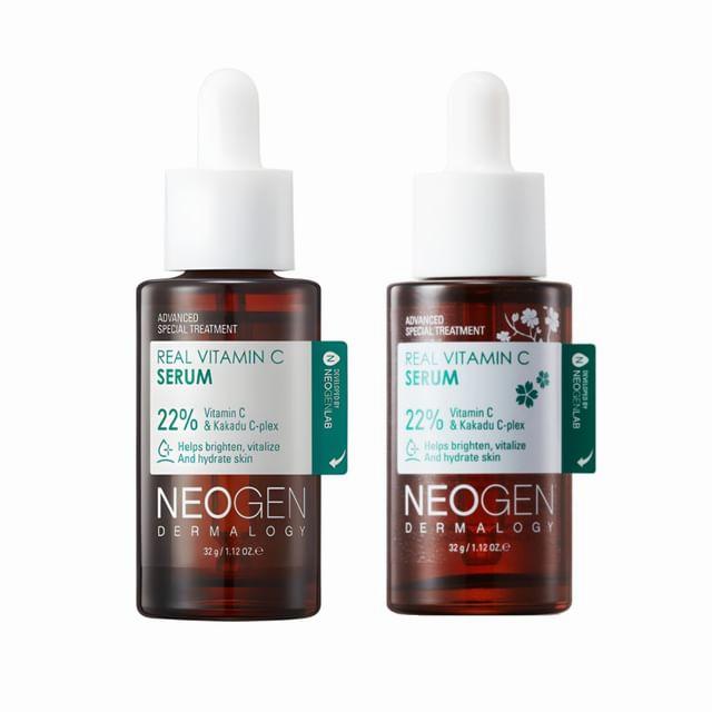 Two bottles of Neogen Real Vitamin C Serum, a skin brightening and vitalizing serum that contains 22% vitamin C.