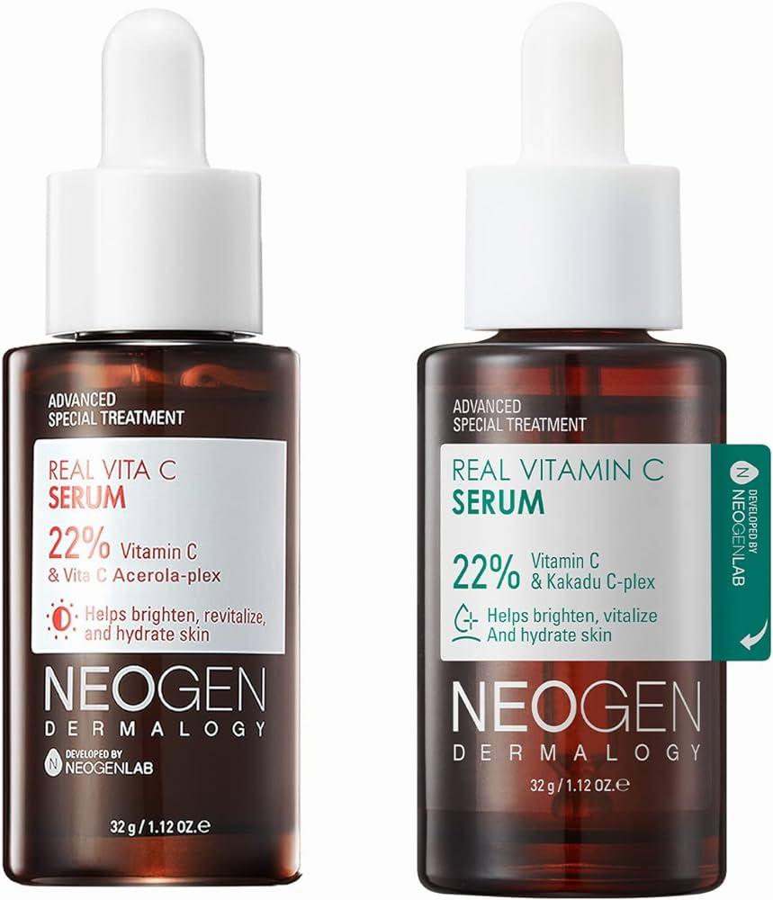 Two bottles of Neogen Real Vita C Serum, a skincare product that helps brighten, revitalize, and hydrate the skin.