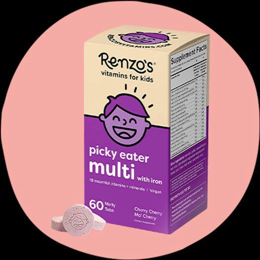 A box of Renzos multivitamins for picky eaters, which are vegan and have a cherry flavor.