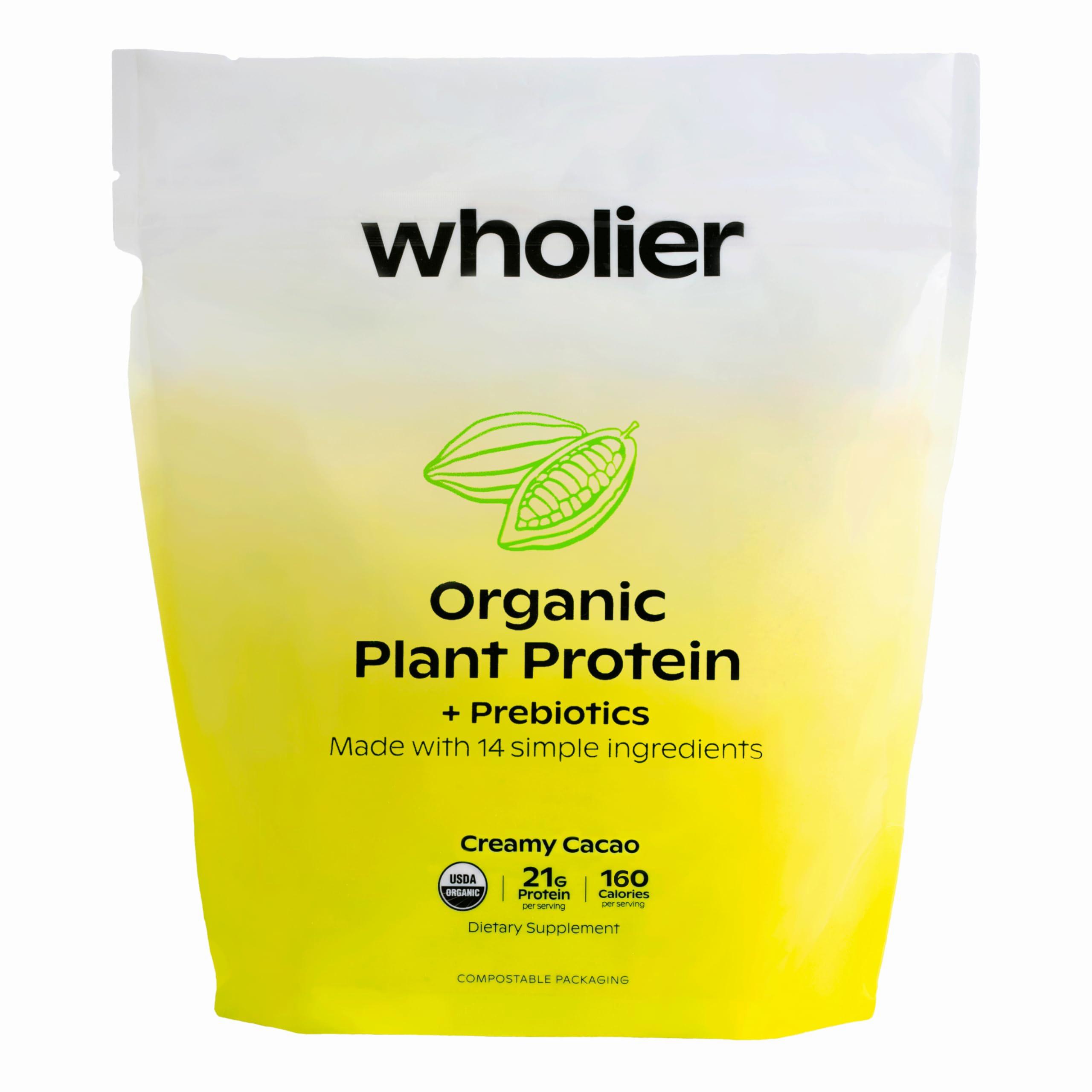 A yellow bag of Wholier Organic Plant Protein + Prebiotics powder, made with 14 simple ingredients.