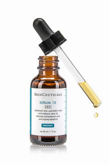 A brown dropper bottle of SkinCeuticals Serum 10, which combines 10% L-ascorbic acid with ferulic acid to provide antioxidant and anti-aging benefits.