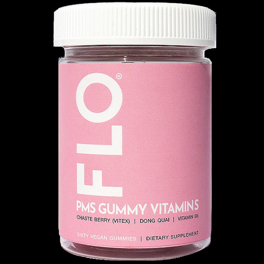 A bottle of Flo PMS Gummy Vitamins, a dietary supplement that contains Chaste Berry, Dong Quai, and Vitamin B6.