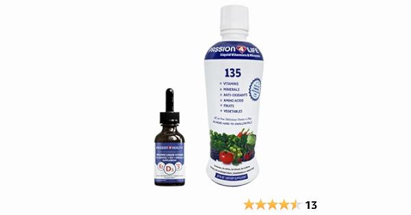 A bottle of Passion 4 Life 135 liquid vitamins and minerals, and a bottle of Passion 4 Life D3 liquid vitamin D3.