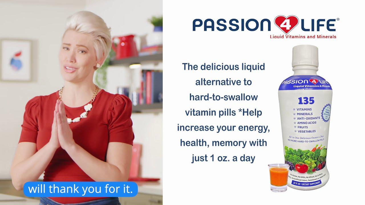 A woman holds a bottle of Passion 4 Life liquid vitamins and minerals, which is an alternative to hard-to-swallow vitamin pills.