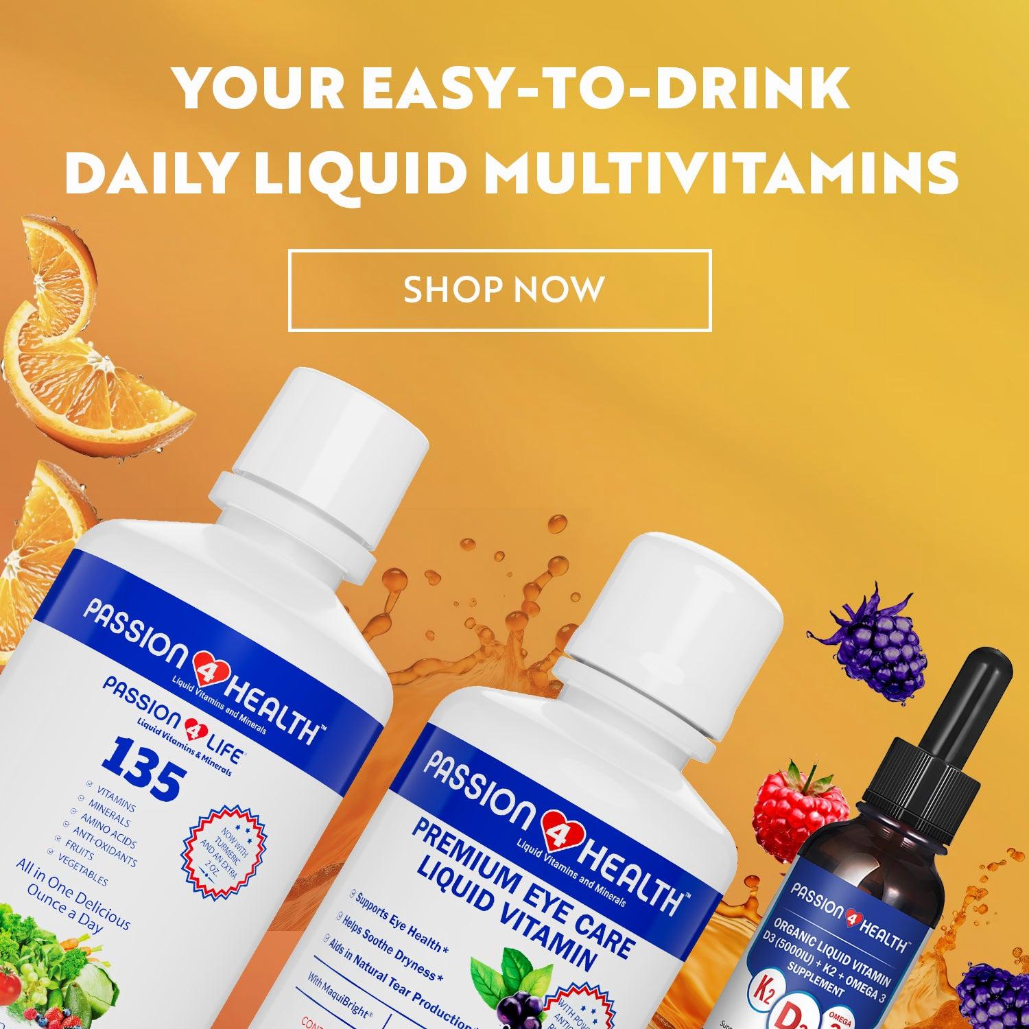 A range of liquid multivitamins in various flavors, including one for eye care, one a general multivitamin, and one containing vitamin D3, K2, and Omega 3.