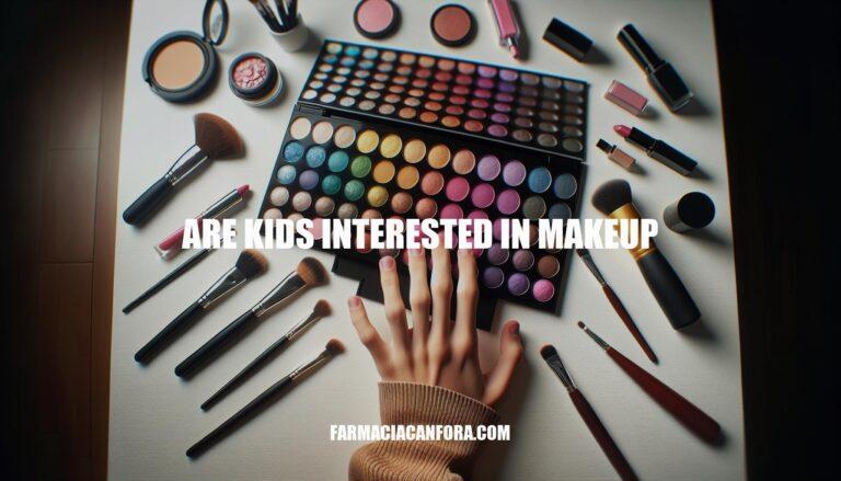 Colorful makeup products are displayed on a table with the text Are kids interested in makeup? overlaid on top.