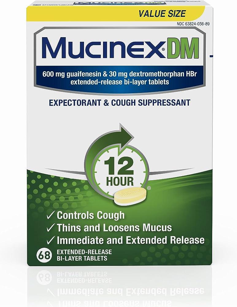 A box of Mucinex DM, a medication used to treat coughs.