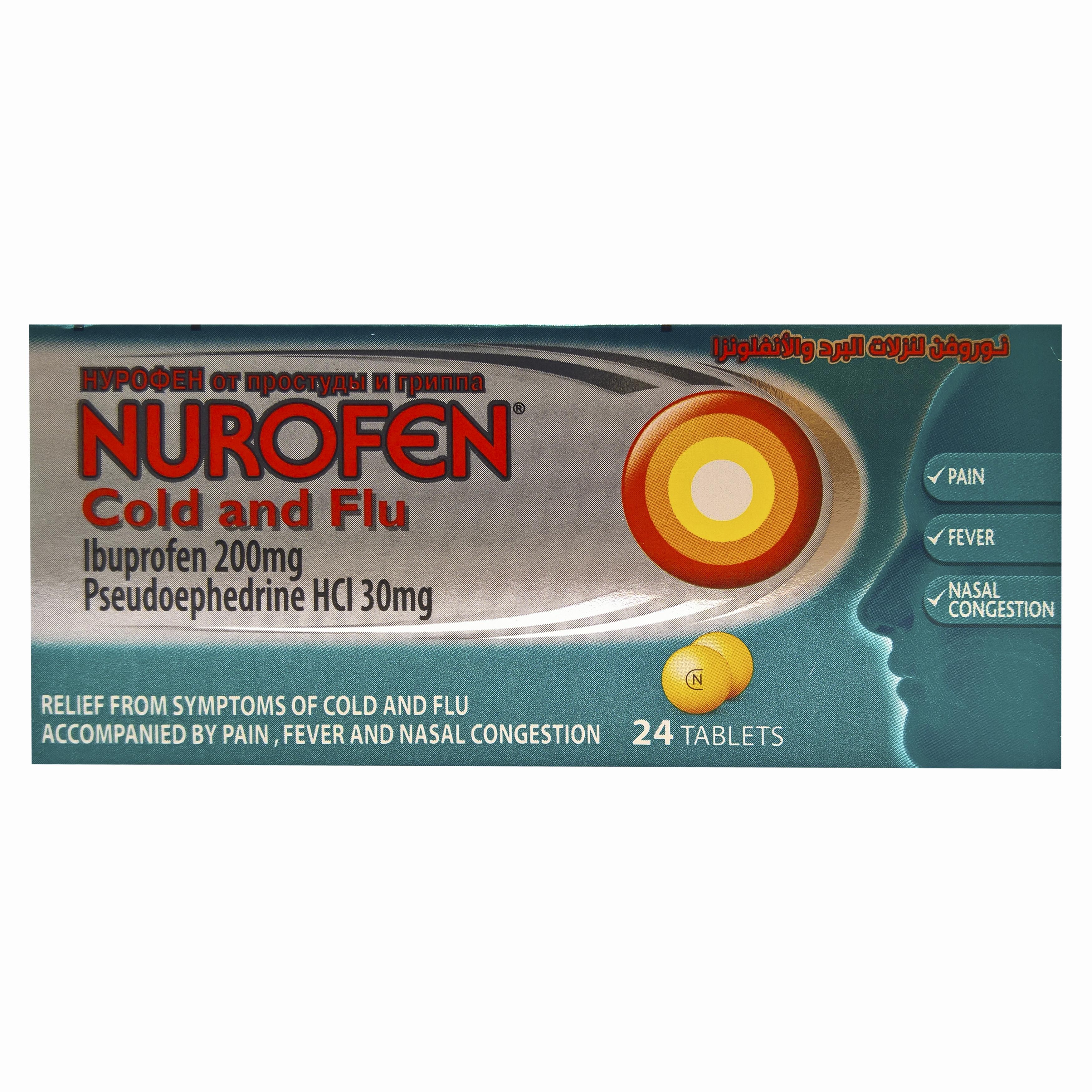 A box of Nurofen Cold and Flu tablets, a medication for relief from symptoms of cold and flu accompanied by pain, fever and nasal congestion.
