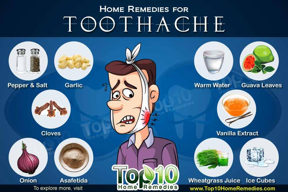 A man with a toothache and his head in his hands is surrounded by various home remedies for toothaches.