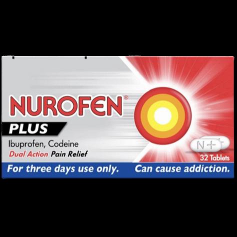 A box of Nurofen Plus tablets, a medication used to relieve pain.