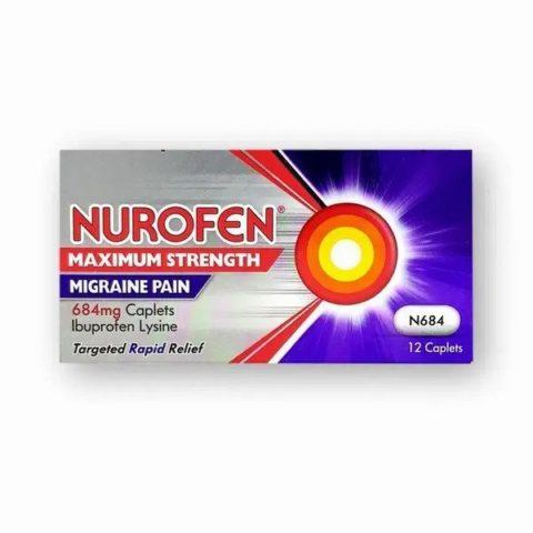 A purple and silver box of Nurofen Maximum Strength Migraine Pain caplets.