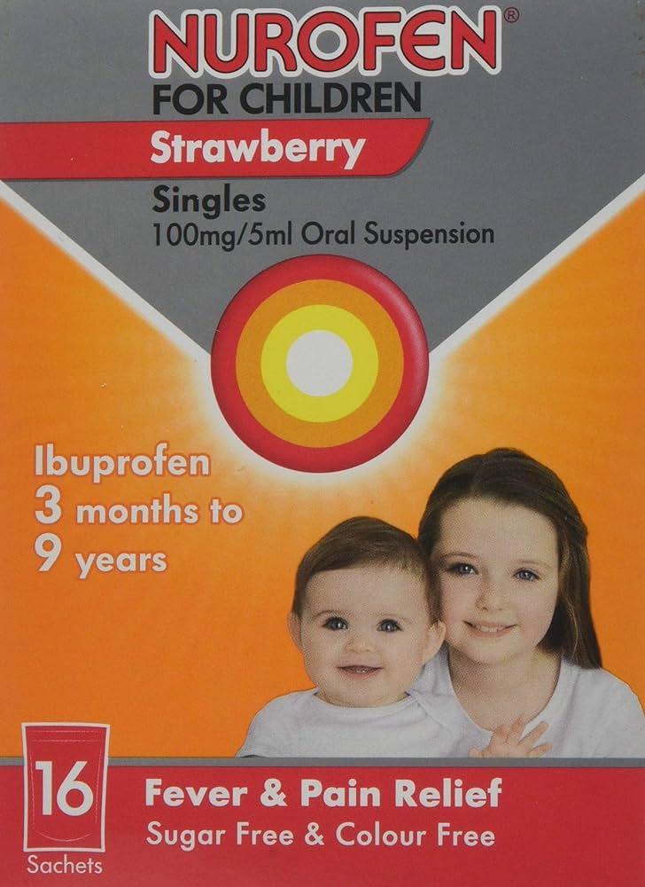 A box of Nurofen for Children, a strawberry-flavored oral suspension for ages 3 months to 9 years, for relief from fever and pain.