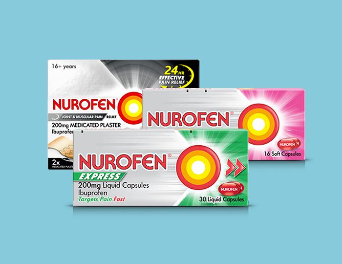 A range of Nurofen products including tablets, capsules, and medicated plasters.
