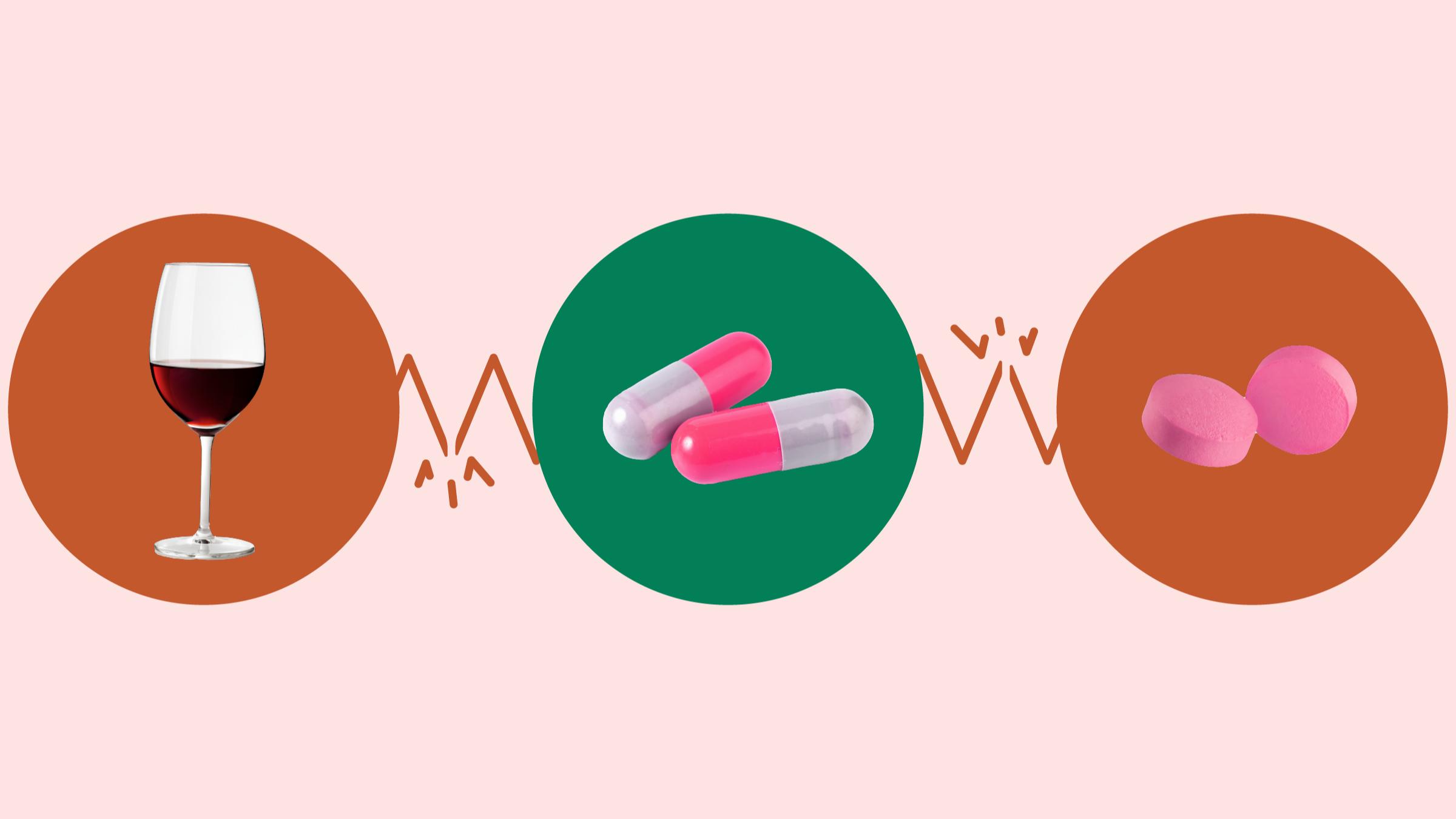 Three circles are in a row on a pink background. The first circle contains a glass of red wine, the second circle contains two pills, and the third circle contains two pills.