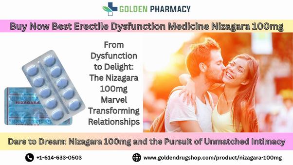 A smiling man and woman embrace in front of a blue background with text that reads, From dysfunction to delight: The Nizagara 100mg marvel transforming relationships.