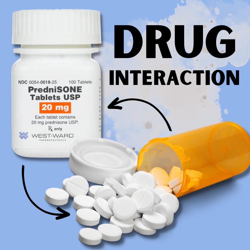 A blue and orange pill bottle with white pills spilling out of it with the words Drug Interaction next to it.