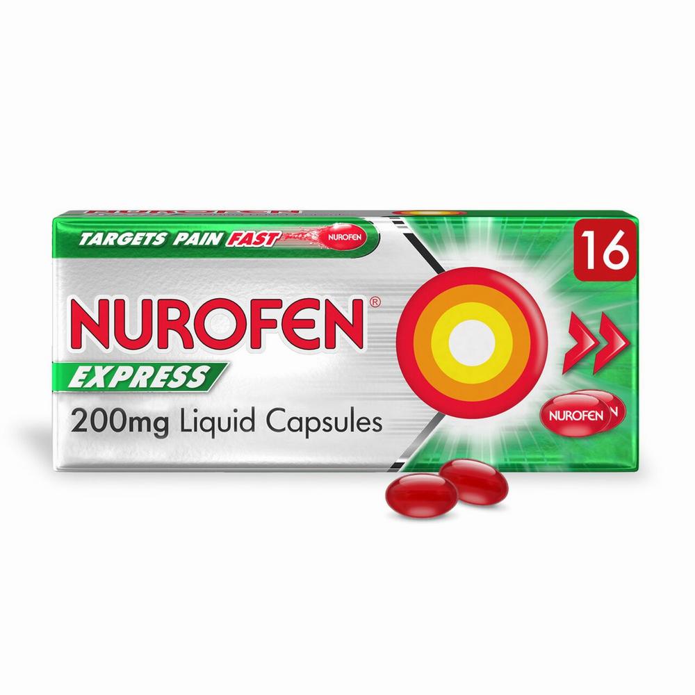 A green and white box of Nurofen Express 200mg liquid capsules, with two red capsules next to it.