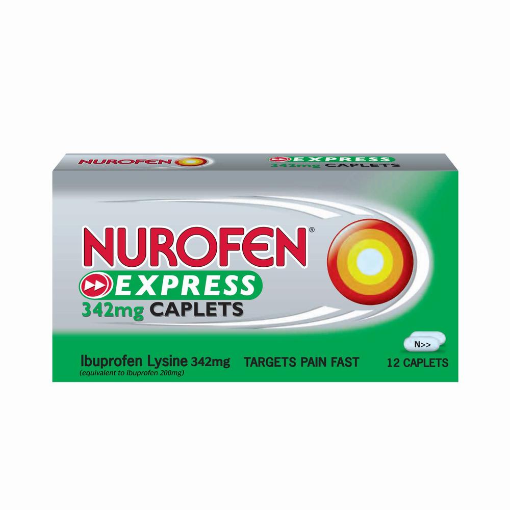 A box of Nurofen Express caplets, a medication used to relieve pain.