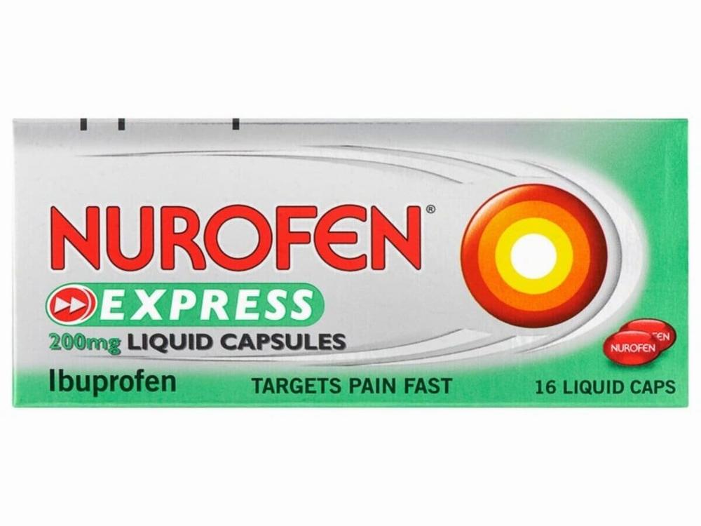 A green and white box of Nurofen Express liquid capsules, a medication used to relieve pain.