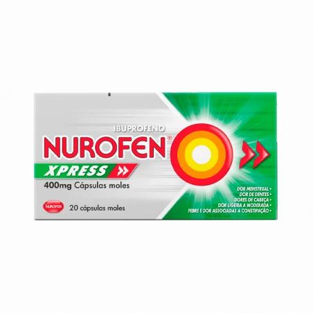 A box of Nurofen Xpress 400mg capsules, a medication for menstrual pain, toothache, headaches, and mild to moderate pain.
