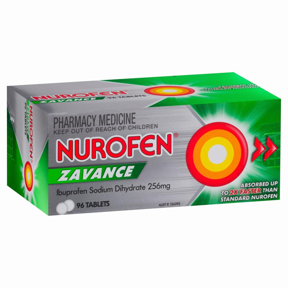 A box of Nurofen Zavance, a pharmacy medicine containing 96 tablets of ibuprofen sodium dihydrate 256mg.