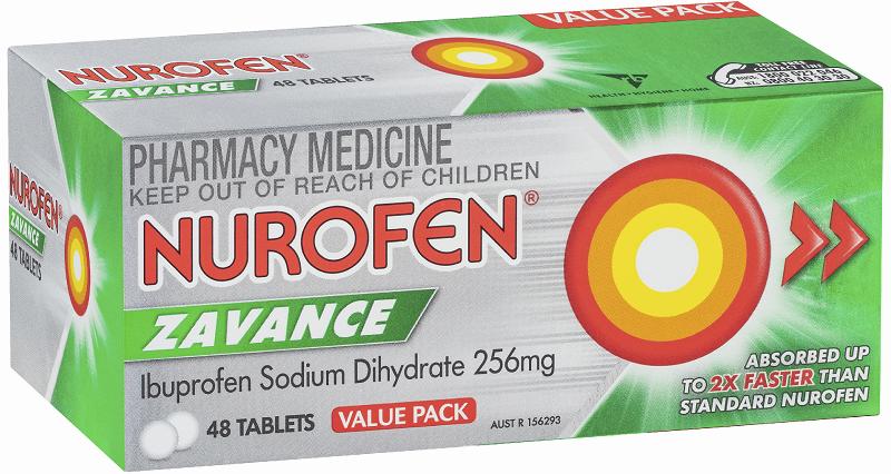 A box of Nurofen Zavance ibuprofen sodium dihydrate 256mg tablets, a pharmacy medicine to be kept out of reach of children.
