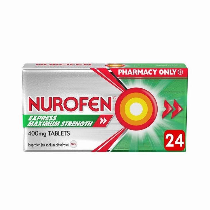 A green and white box of Nurofen Express Maximum Strength 400mg tablets.