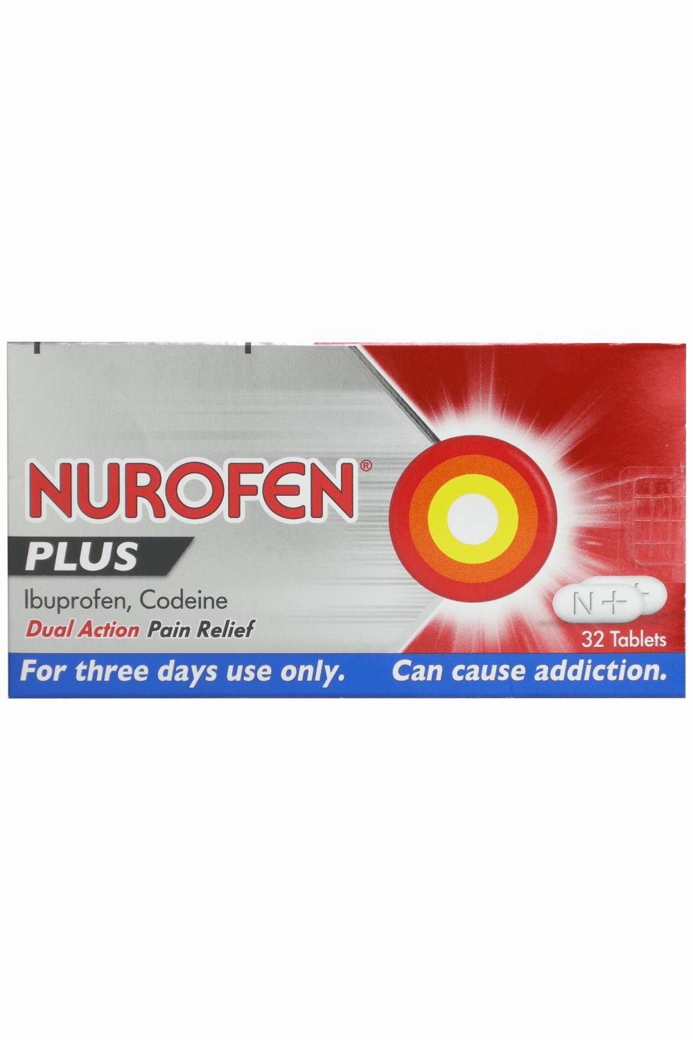 A red and gray box of Nurofen Plus tablets, a medication for pain relief.
