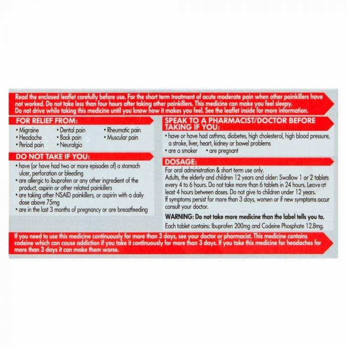 A leaflet with white background and black text, giving directions for taking the painkiller Ibuprofen + Codeine.