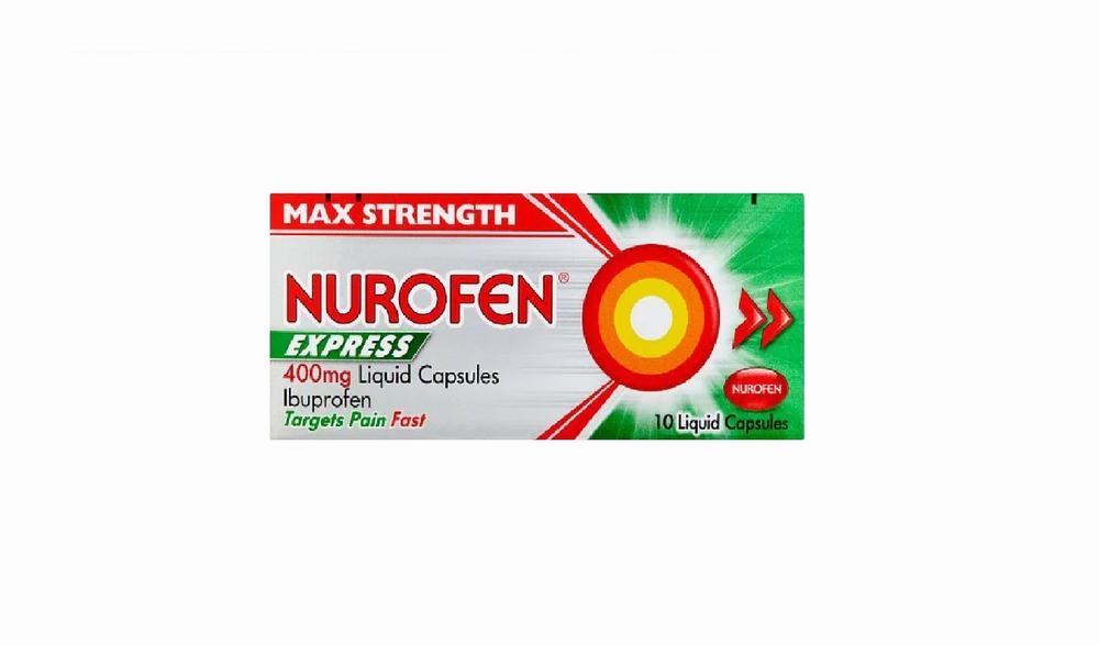 A green and white box of Nurofen Express liquid capsules, a maximum strength ibuprofen to target pain fast.