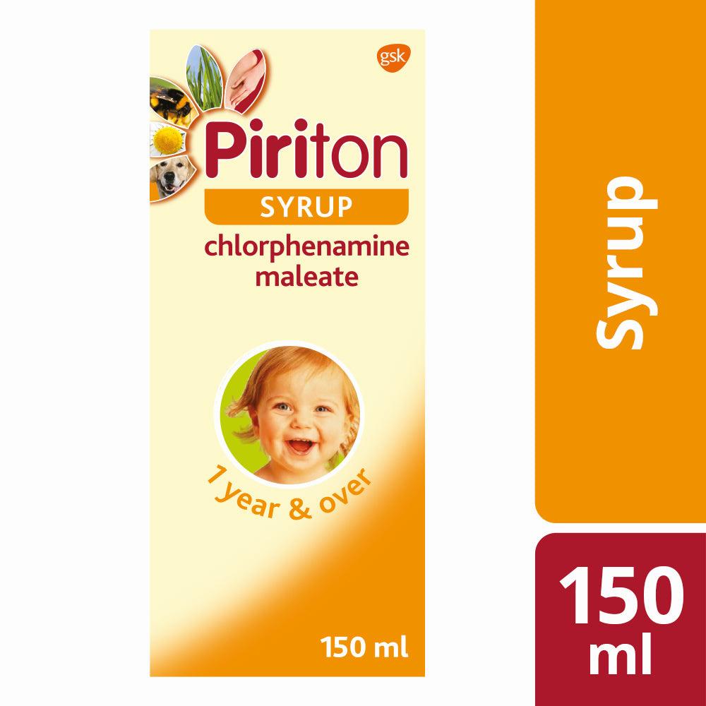 A box of Piriton Syrup, an antihistamine medication used to treat allergies in children aged 7 years and over.
