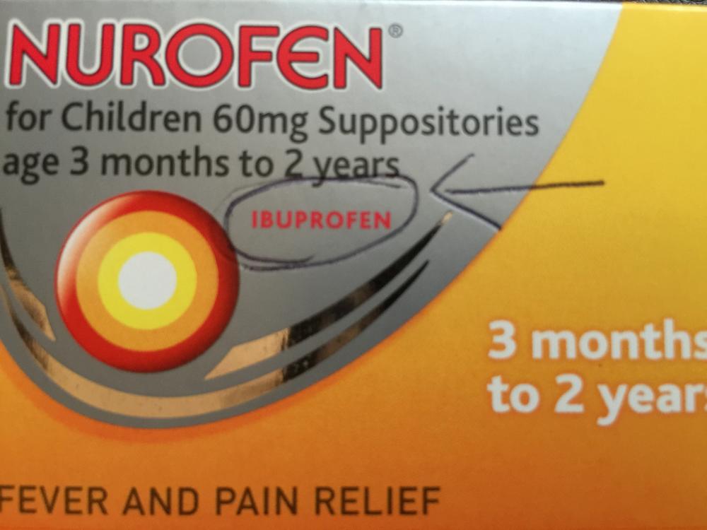 A box of Nurofen suppositories for children aged 3 months to 2 years, which contain the active ingredient ibuprofen.