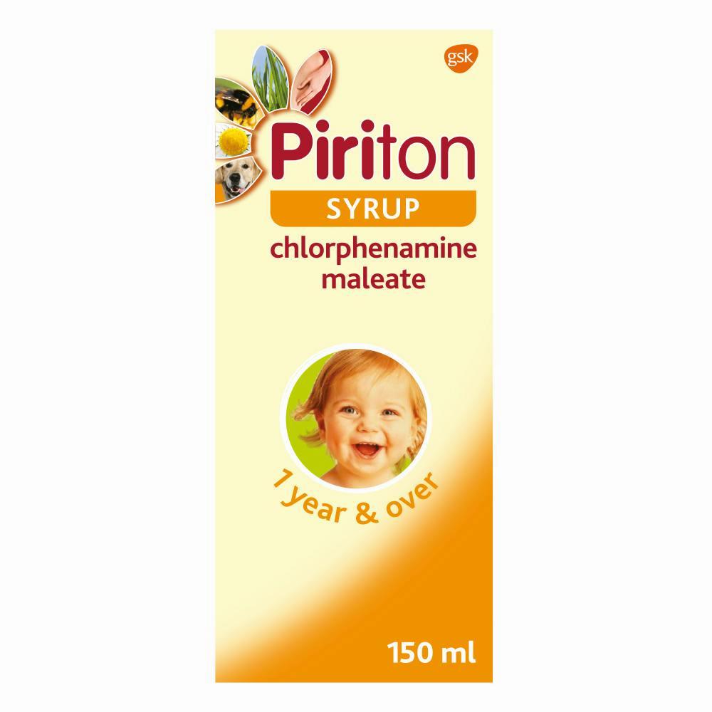 A box of Piriton Syrup, an antihistamine medication used to treat allergies in children over 1 year old.