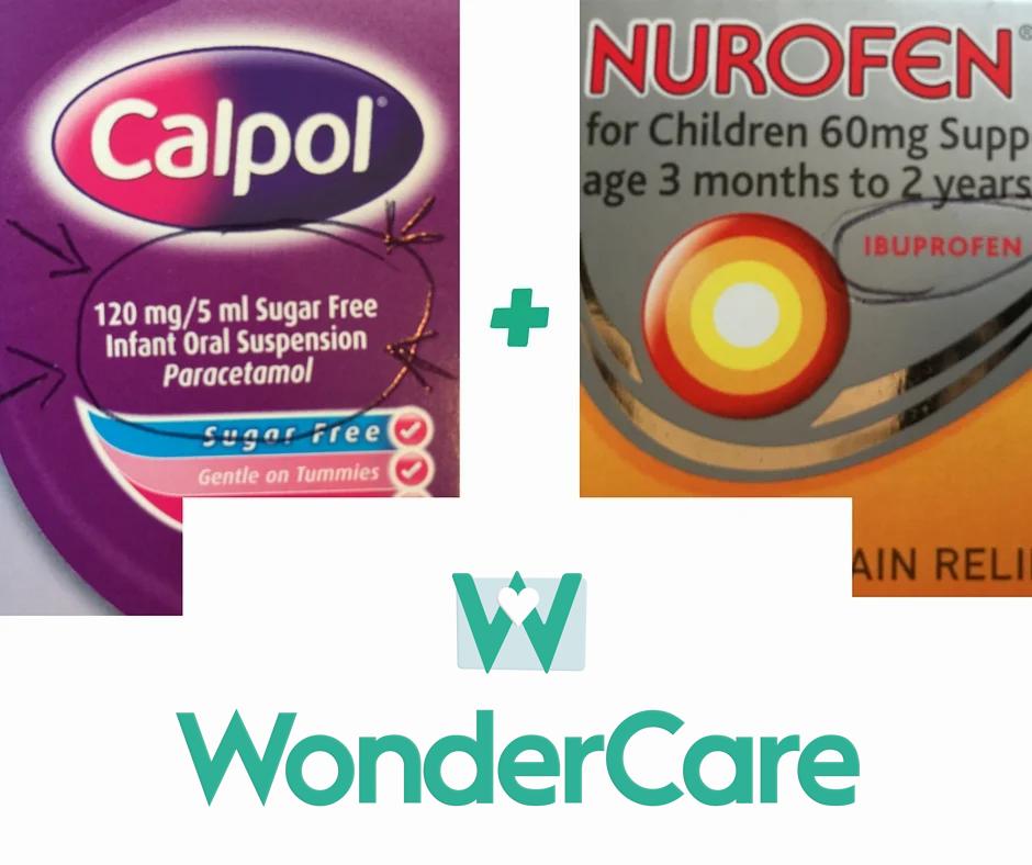 A Calpol bottle and a Nurofen box with the WonderCare logo in the middle.