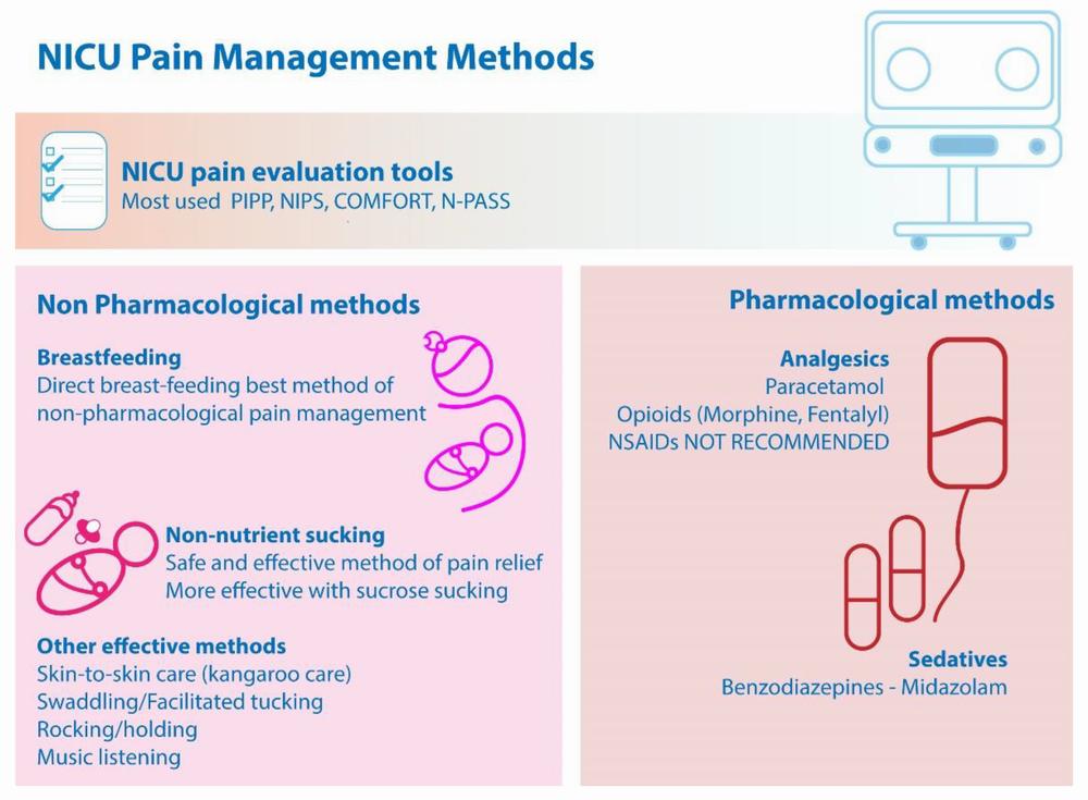A table summarizing pain management methods for neonates in the NICU, including both pharmacological and non-pharmacological methods.