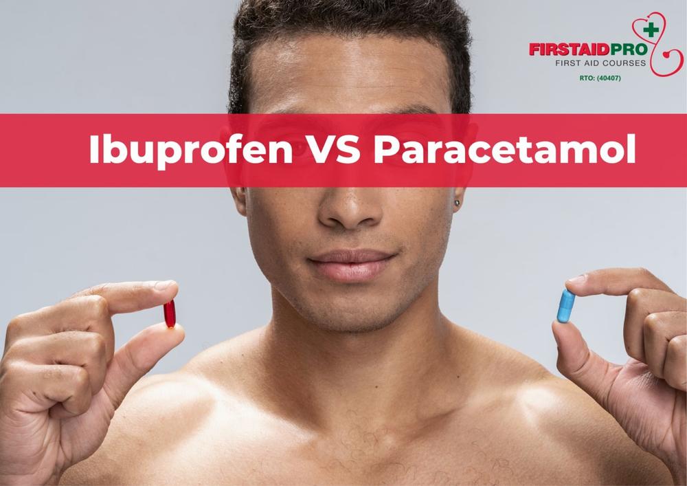 A young man holds up two pills, one red and one blue, with text overlay reading Ibuprofen vs. Paracetamol.