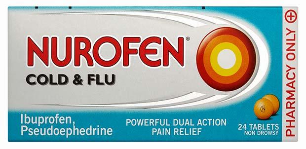 A box of Nurofen Cold & Flu tablets, a non-drowsy painkiller.