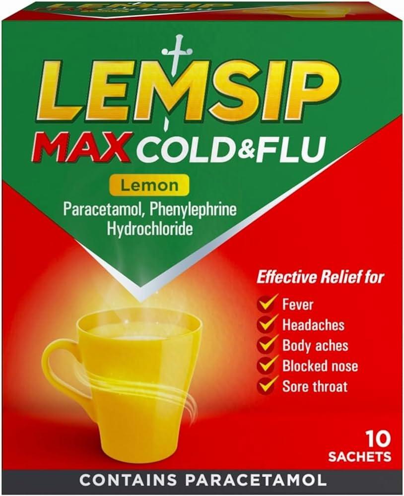 A box of Lemsip Max Cold & Flu Lemon, a medication for relief from cold and flu symptoms.