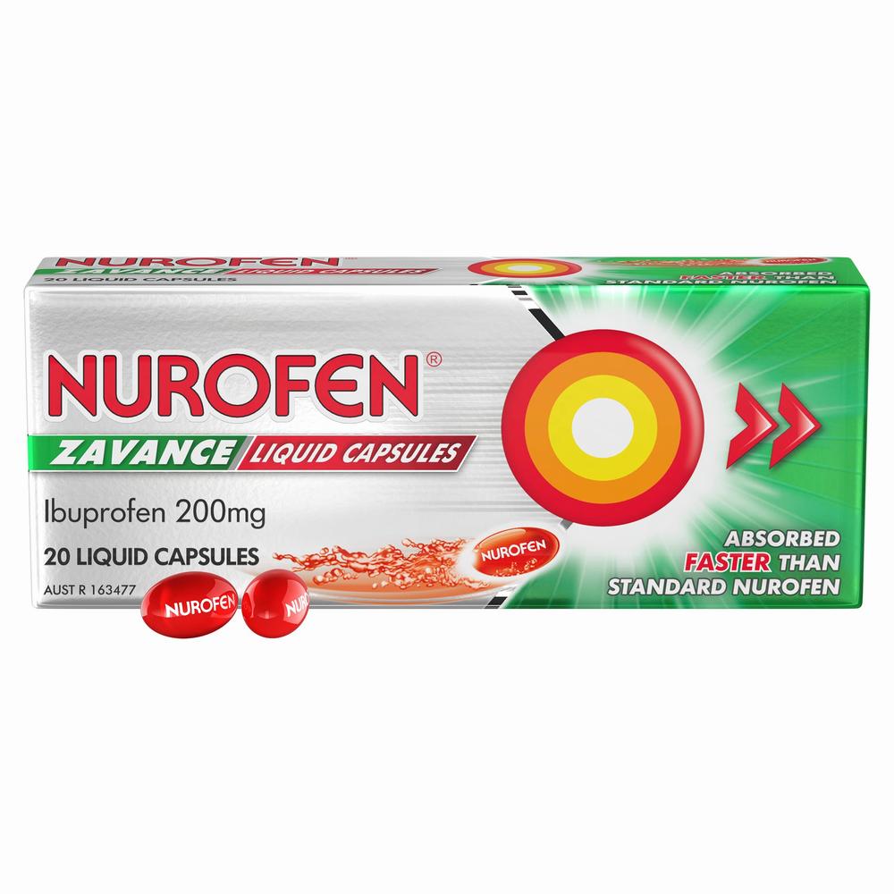 A green and white box of Nurofen Zavance Liquid Capsules, a medication for pain relief.